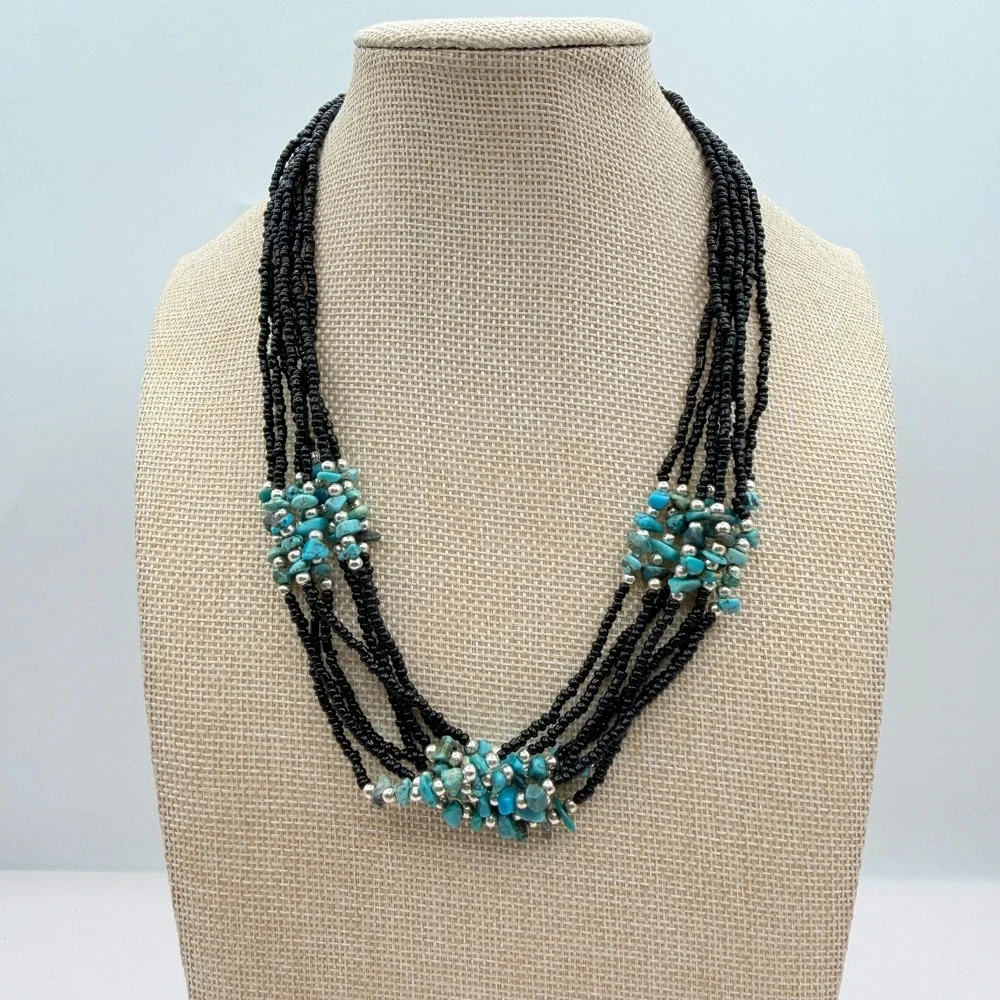 Vintage 90s Multi Strand Turquoise Black Glass Seed Bead Statement Necklace Boho